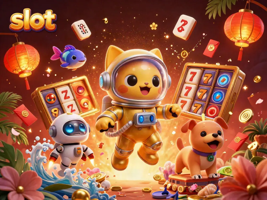Engage with exciting slot games amid 3D cosmic-themed characters and elements.