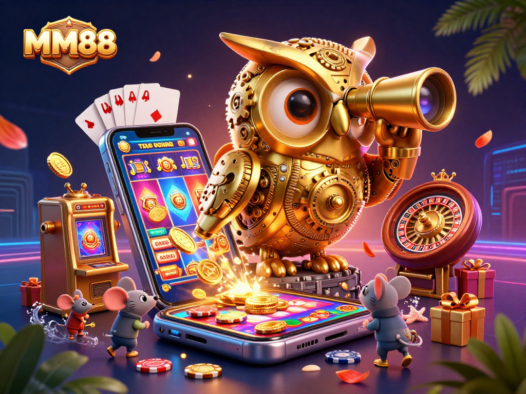 Engage in thrilling gameplay at MM88, featuring a vibrant casino illustration with gold coins, characters, and slot machines.