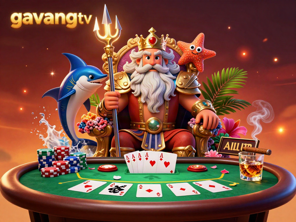 Experience top-tier poker with gavangtv in a vibrant underwater setting featuring Neptune and his samurai.