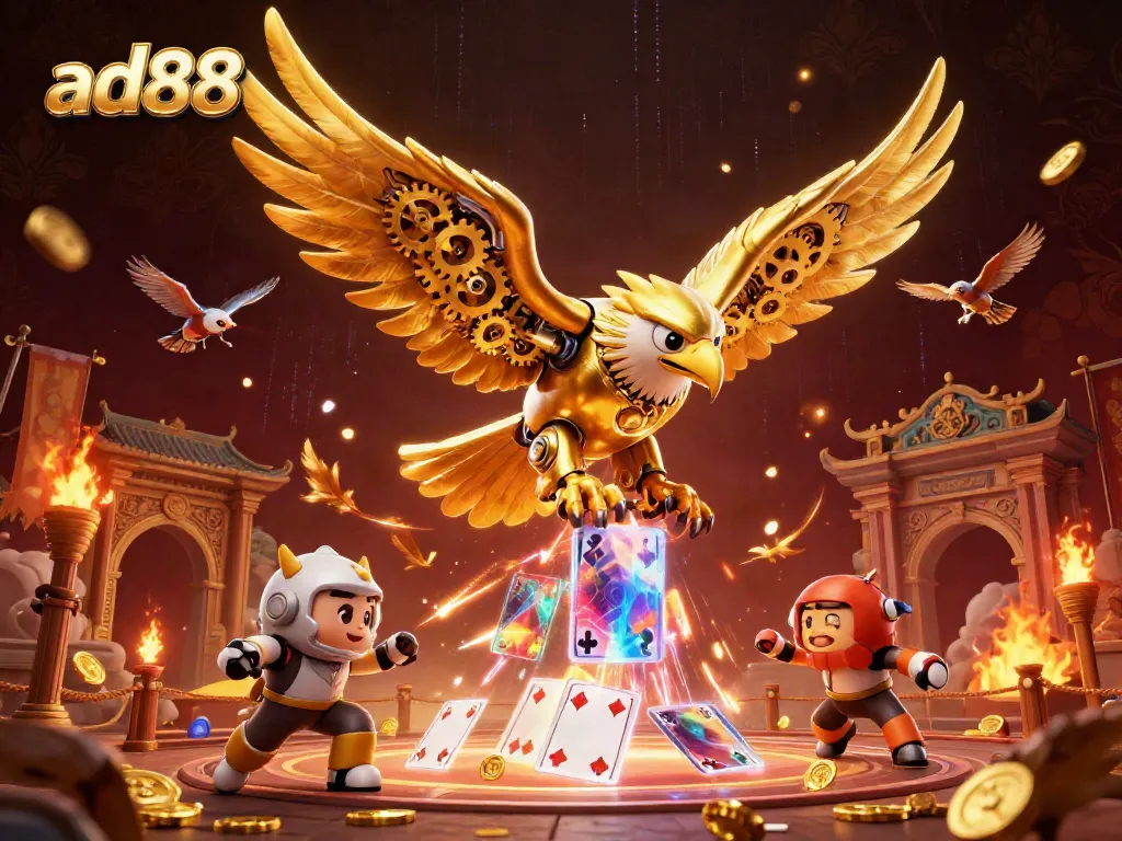 Experience thrilling action with ad88 as a cybernetic golden eagle dives through holographic cards.