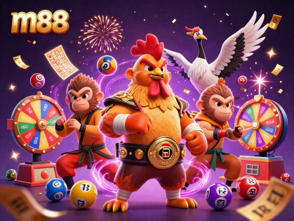 Engage in thrilling m88 lottery action with 3D characters amid vibrant gaming elements.