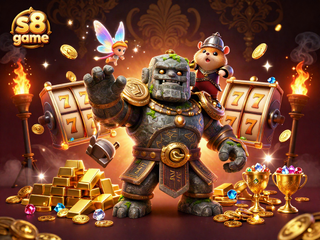 Experience the excitement of s8 game with a 3D illustration featuring dynamic slot reels and sparkling treasures.