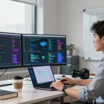 A tech workspace showcasing a professional working on large language models, with multiple monitors displaying code and AI visualizations, emphasizing innovation.