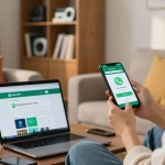 Engaging scene of WhatsApp下載 on smartphone in a cozy living room.