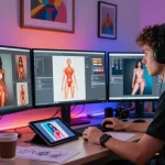 Creative studio showcasing an artist designing NSFW AI images, capturing a dynamic workspace with colorful screens and art reference materials.