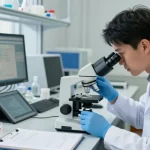 GHK-Cu peptide research conducted by a scientist in a lab with samples and analysis tools