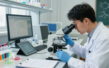 GHK-Cu peptide research conducted by a scientist in a lab with samples and analysis tools