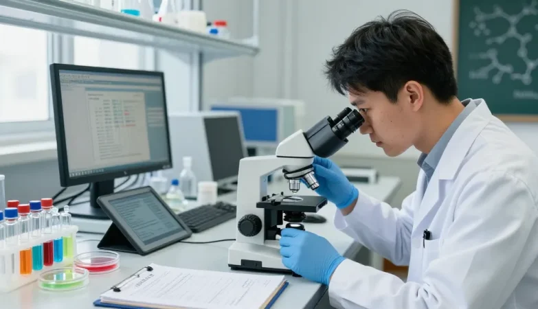 GHK-Cu peptide research conducted by a scientist in a lab with samples and analysis tools