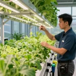 Indoor agriculture expert optimizing lighting in cika4d facility with lush plants.