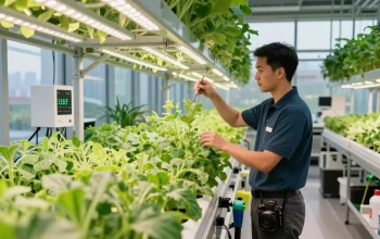 Indoor agriculture expert optimizing lighting in cika4d facility with lush plants.