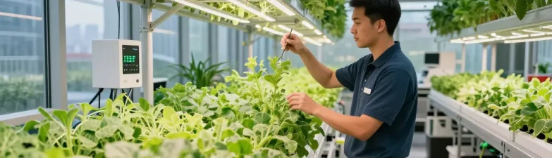 Indoor agriculture expert optimizing lighting in cika4d facility with lush plants.