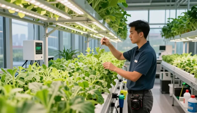Indoor agriculture expert optimizing lighting in cika4d facility with lush plants.