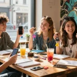 Custom acrylic keychains displayed on bags and phones in a lively café scene.