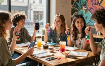 Custom acrylic keychains displayed on bags and phones in a lively café scene.