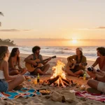 Enjoy rokok88 summer beach gathering with friends around a campfire.