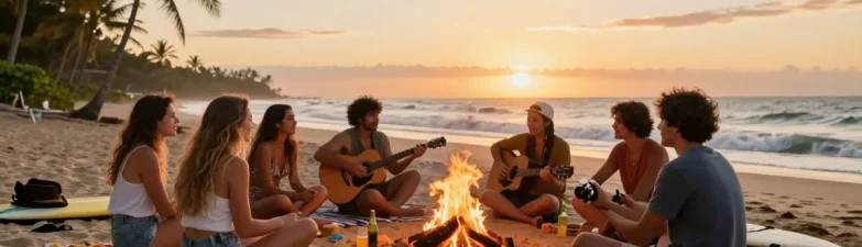 Enjoy rokok88 summer beach gathering with friends around a campfire.