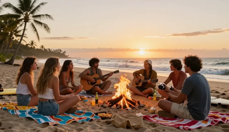 Enjoy rokok88 summer beach gathering with friends around a campfire.